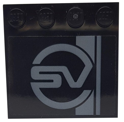 Lego Tile, Modified 4 x 4 with Studs on Edge with Dark Bluish Gray Stripes, 'SV' in Circle Pattern (Sticker) - Set 76898 / Black