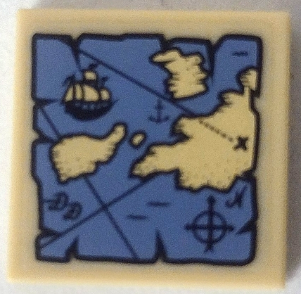 Lego Tile 2 x 2 with Map with Blue Water, Tan Land, Ship and Compass Rose Pattern (Sticker) - Set 70810
