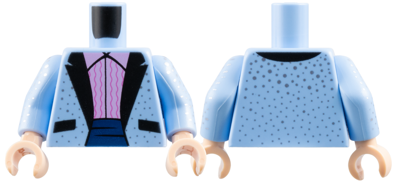 Lego Torso Tuxedo Jacket with Silver Dots, Bright Pink Ruffled Shirt Pattern / Bright Light Blue Arms with Silver Dots Pattern / Light Nougat Hands