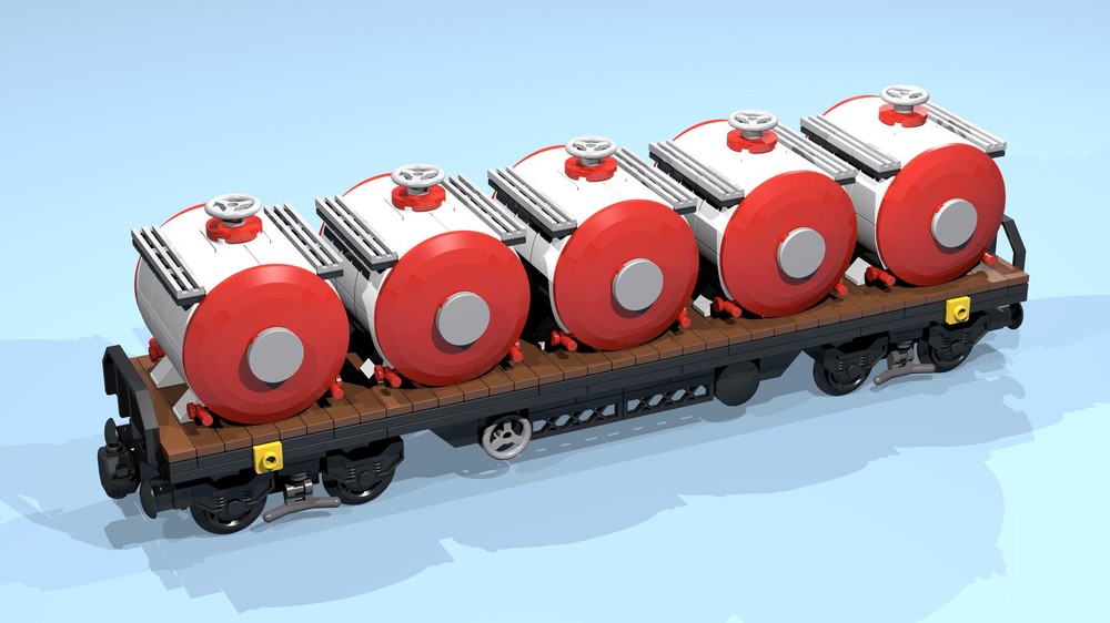 Lego 8-Wheel Flatbed Wagon (SNOT, brown, 8 studs wide) with Tanks