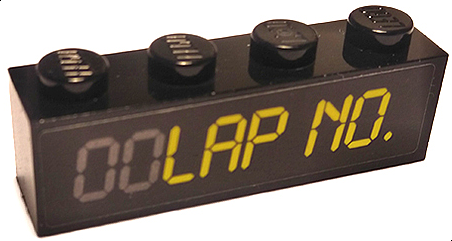 Lego Brick 1 x 4 with Yellow 'LAP NO.' on Lap Counter Pattern (Sticker) - Set 75888 / Black