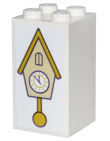 Lego Brick 2 x 2 x 3 with Gold and Tan Cockoo Clock with White Clock Face Pattern (Sticker) - Set 43205 / White