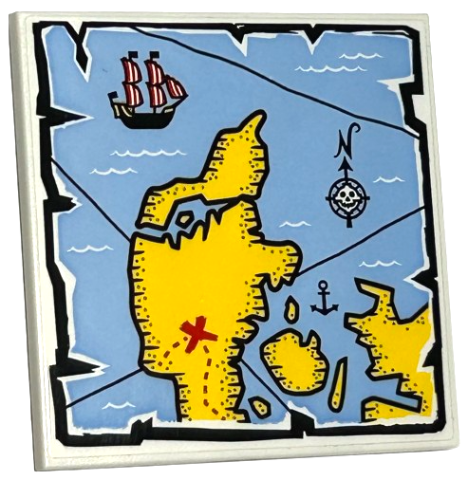 Lego Tile 6 x 6 with Bottom Tubes, Textured Surface with Map with Bright Light Blue Water, Yellow Land, Compass Rose, Pirate Ship and Red 'X' Pattern (Sticker) - Set 40504 / White