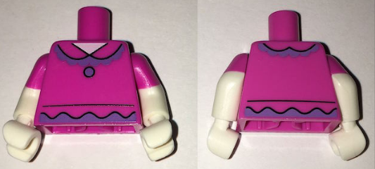 Lego Torso Shirt with Collar, Lavender Ruffles and Button Pattern / White Arms with Molded Dark Pink Short Sleeves Pattern / White Hands