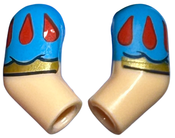Lego Arm, (Matching Left and Right) Pair with Molded Dark Azure Short Sleeves and Printed Red Drops and Gold Straps Pattern / Light Nougat