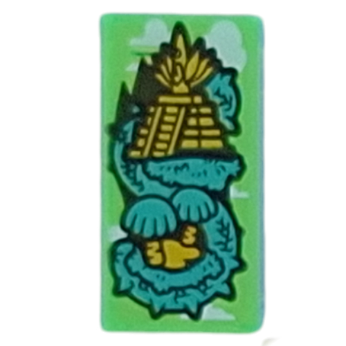 Lego Tile 1 x 2 with Dark Turquoise Dragon on Temple Print / Trans-Bright Green