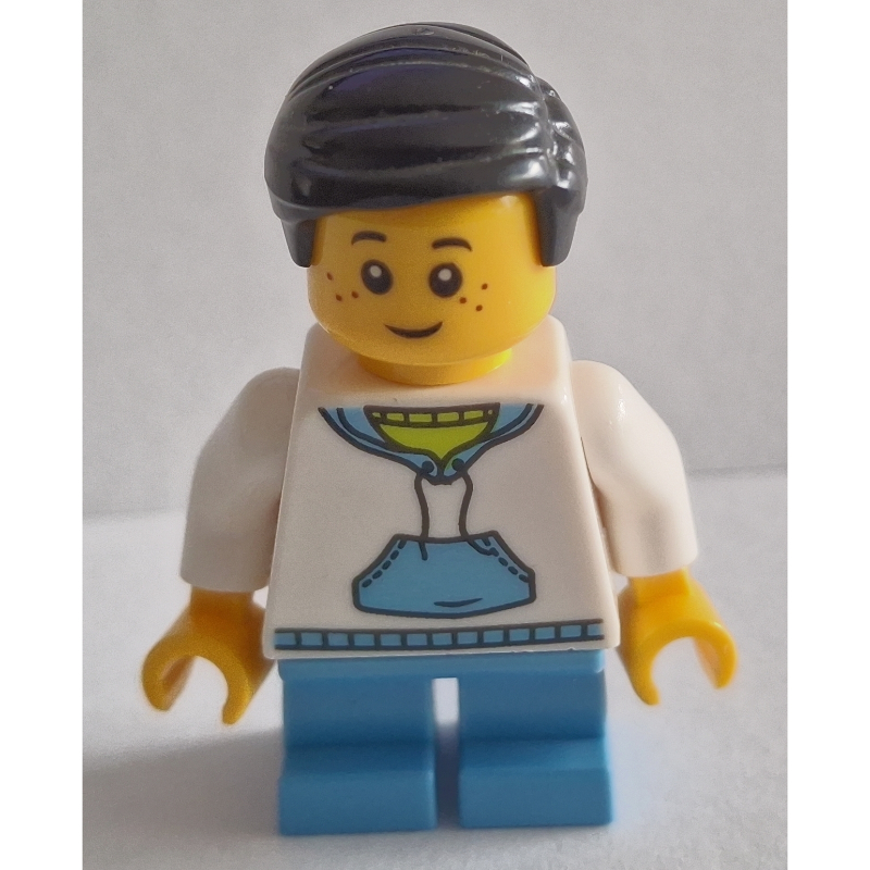 Lego Boy, White and Blue Hoodie, Short Medium Blue Legs, Black Hair