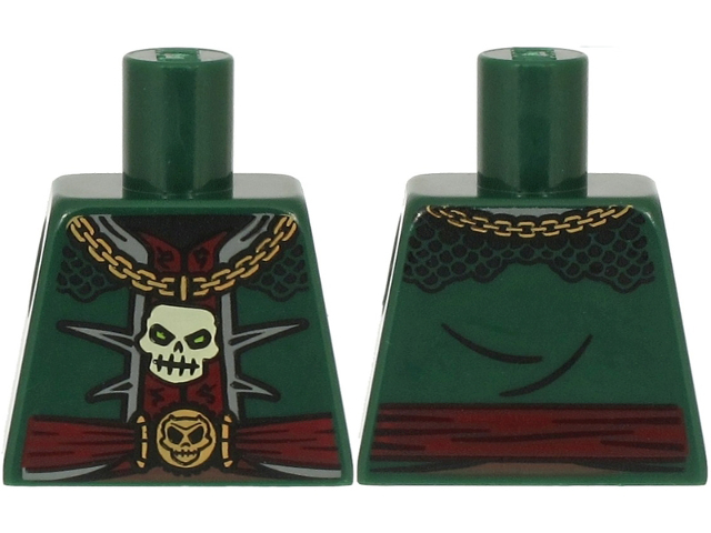 Lego Torso Open Jacket over Dark Red Vest, Gold Necklace with White Skull, Belt with Buckle and Emblem Pattern (BAM) / Dark Green