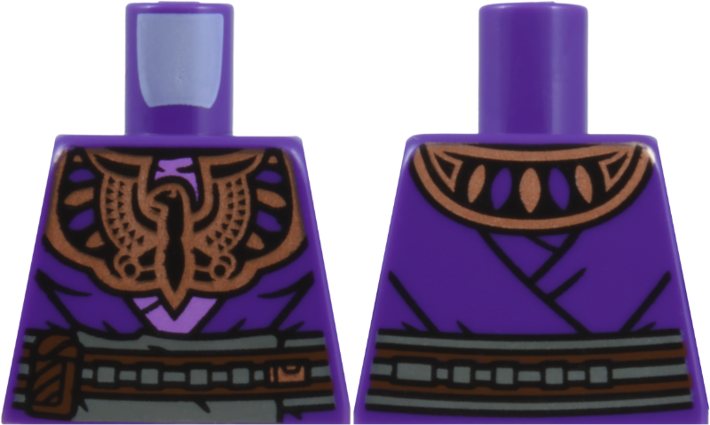 Lego Torso Robe over Medium Lavender Shirt, Copper Winged Scarab Chest Emblem and Collar with Oval Insets, Black Folds, Reddish Brown Rope Belt and Pouches, Dark Bluish Gray Apron Pattern