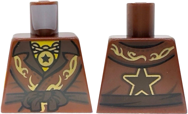 Lego Torso Robe with Gold Swirls, Dark Brown Lapels and Sash, Pendant Necklace with Black Star, Yellow Neck Pattern (BAM) / Reddish Brown