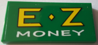 Lego Tile 2 x 4 with 'E Z MONEY' Pattern (Sticker) - Set 71016 / Green