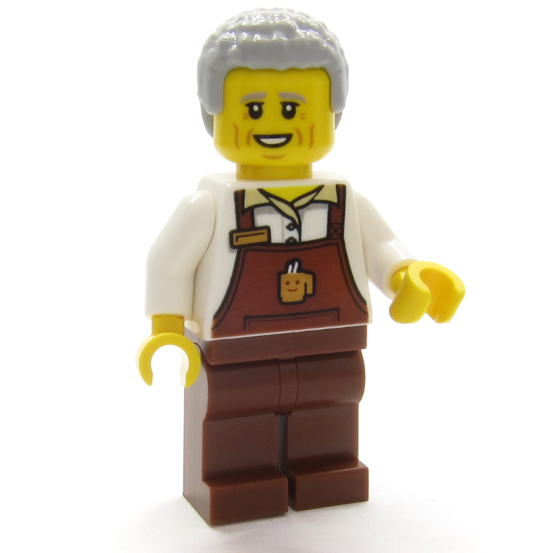 Lego Barista, Reddish Brown Apron, Light Bluish Grey Hair