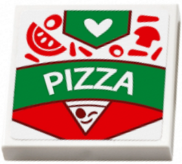 Lego Tile 2 x 2 with 'PIZZA' Box, Toppings, White Heart and Pizza Slice Pattern (Sticker) - Set 41311