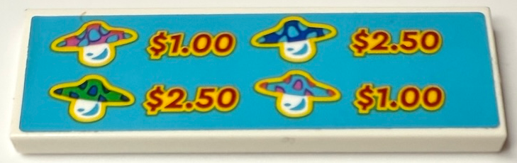 Lego Tile 2 x 6 with 4 Dreamling Mushrooms with Hats, '$1.00' and '$2.50' Prices on Medium Azure Background Pattern (Sticker) - Set 71461