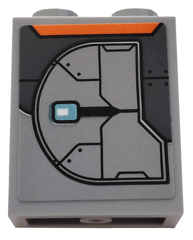 Lego Panel 1 x 2 x 2 with Side Supports - Hollow Studs with Dark Bluish Gray Armor Plates and Orange Trapezoid Pattern Model Left Side (Sticker) - Set 76102