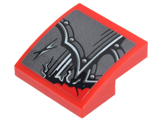 Lego Slope, Curved 2 x 2 x 2/3 with Pearl Dark Gray Armor with Rivets, Scratches and Torn Edge Pattern (Sticker) - Set 70627 / Red