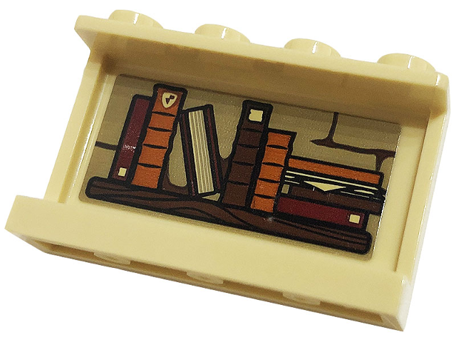 Lego Panel 1 x 4 x 2 with Side Supports - Hollow Studs with Wooden Shelf with 9 Dark Orange, Dark Red and Reddish Brown Books Pattern on Inside (Sticker) - Set 76382
