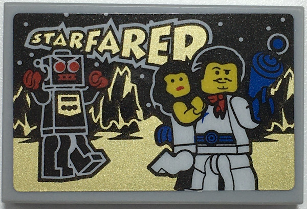 Lego Tile 2 x 3 with Gold 'STARFARER' and Rocky Terrain, Robot, Woman, and White Fritz Donnegan Minifigure with Blue Ray Gun Pattern (Sticker) - Set 70657 / Light Bluish Gray
