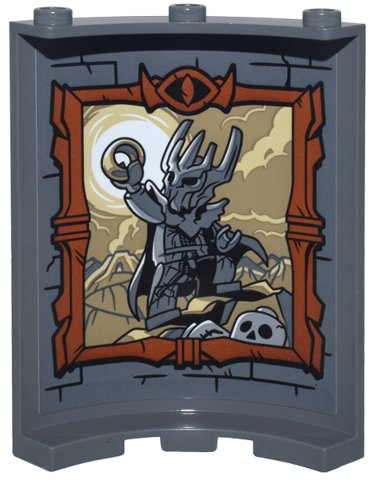 Lego Cylinder Quarter 4 x 4 x 6 with Brick Wall with Black Mortar, Portait of Sauron and the One Ring in Dark Orange Ornate Frame Pattern (Sticker) - Set 10333 / Dark Bluish Gray