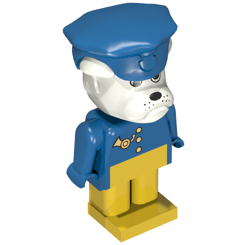 Lego Fabuland Figure Boris Bulldog with White Head, Gold Buttons, Blue Arms and Hands, Yellow Legs and Blue Postman Hat