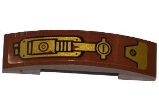 Lego Slope, Curved 4 x 1 x 2/3 Double with Gold Hydraulic Cylinder Pattern Model Right Side (Sticker) - Set 70738 / Reddish Brown