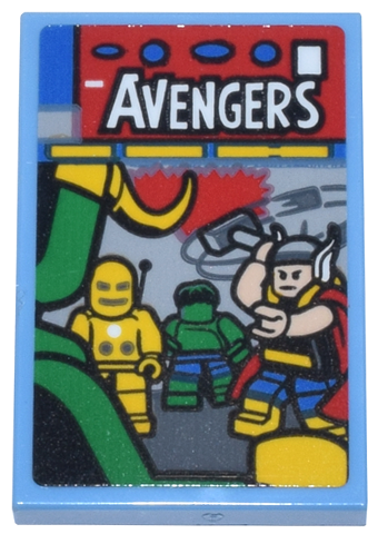 Lego Tile 2 x 3 with Comic Book with Loki, Iron Man, Hulk, Thor, and White 'AVENGERS' Pattern (Sticker) - Set 76269 / Medium Blue