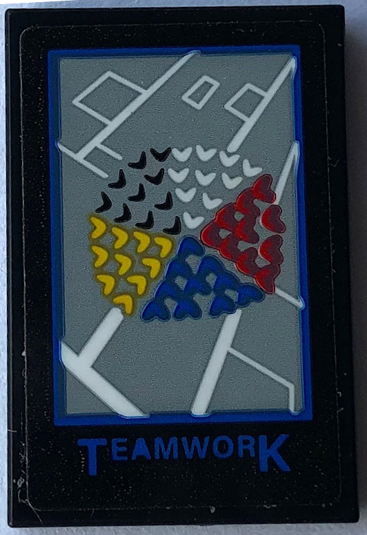 Lego Tile 2 x 3 with Motivational Poster with 'TEAMWORK', Black, White, Red, Blue and Yellow Hearts Pattern (Sticker) - Set 21336 / Black
