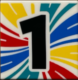 Lego Tile 2 x 2 with Blue, Yellow, Red and Dark Turquoise Swirls and Black Number 1 Pattern / White