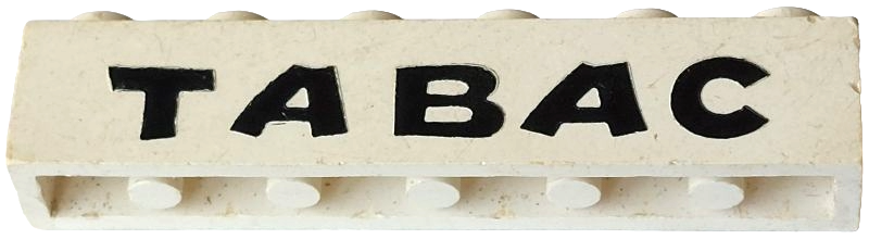 Lego Brick 1 x 6 with Black 'TABAC' Pattern / White
