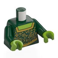 Lego Torso, Dress, Gold Flowers, Trim, Lime Chest Print, Dark Green Arms, Lime Hands / Dark Green