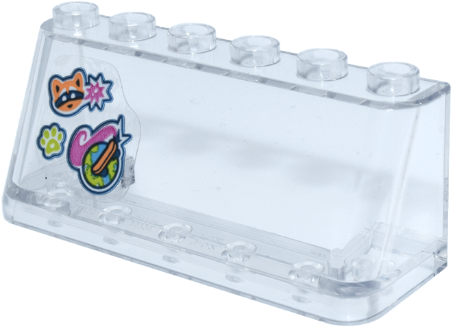 Lego Windscreen 2 x 6 x 2 with Orange Raccoon Head, Lime Paw, Planet Earth with Skateboard Pattern (Sticker) - Set 42659 / Trans-Clear