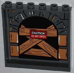 Lego Panel 1 x 6 x 5 with Stone Arch, Wooden Boards and 'CAUTION DO NOT ENTER' Pattern on Inside (Sticker) - Set 79103 / Dark Bluish Gray
