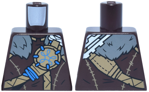 Lego Torso Leather Armor, Dark Tan Straps and Emblem with Blue Wrap, Dark Bluish Gray Fur Collar, White Shoulder Plates Pattern / Dark Brown