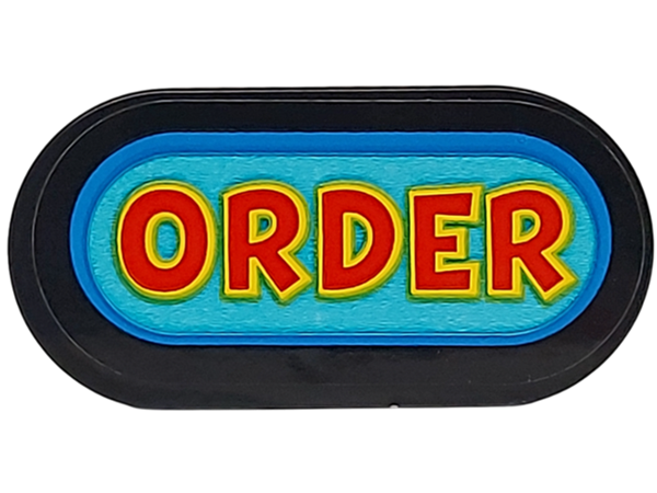 Lego Tile, Round 2 x 4 Oval with Red and Yellow 'ORDER' on Medium Azure Background with Blue Border Pattern (Sticker) - Set 77076 / Black
