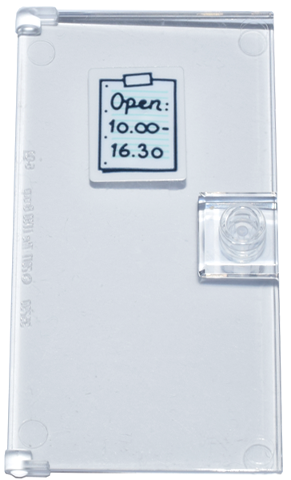 Lego Door 1 x 4 x 6 with Stud Handle with White Notebook Paper Taped Up with Handwritten 'Open: 10.00 - 16.30' Pattern (Sticker) - Set 42670