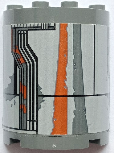 Lego Cylinder Half 2 x 4 x 4 with Light Bluish Gray Hull Plates, Black Lines, Pipes, Oil Stains and Dark Orange Rust Marks Pattern Model Left Side (Sticker) - Set 75178