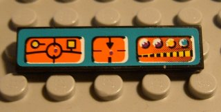 Lego Tile 1 x 4 with Orange Control Panels on Dark Turquoise Background Pattern (Sticker) - Set 8233