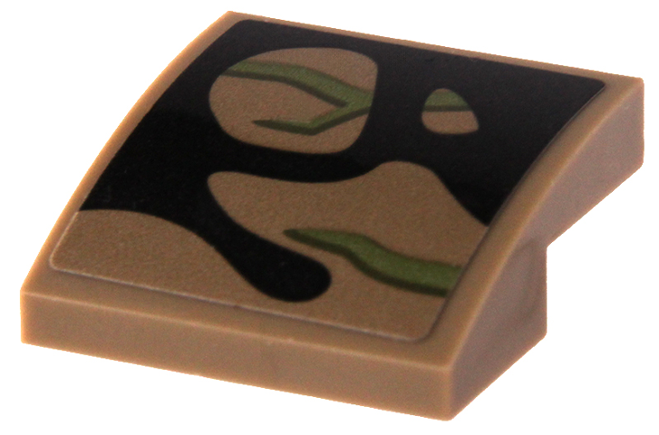 Lego Slope, Curved 2 x 2 x 2/3 with Olive Green Vines and Black Splotch Pattern (Sticker) - Set 76249 / Dark Tan