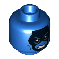 Lego Minifig Head Ronan The Accuser, Black Face, Gray Eyebrows, Angry, Mouth Closed / Clenched Teeth Print / Blue