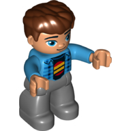 Lego Duplo Figure with Thick Hair Combed Forward Reddish Brown, with Jacket, Dark Blue Plaid Shirt, Yellow Lines on Red Circle