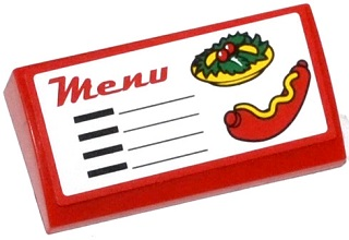 Lego Slope, Curved 2 x 4 x 2/3 with Bottom Tubes with 'Menu', Salad and Hot Dog Pattern (Sticker) - Set 60050 / Red