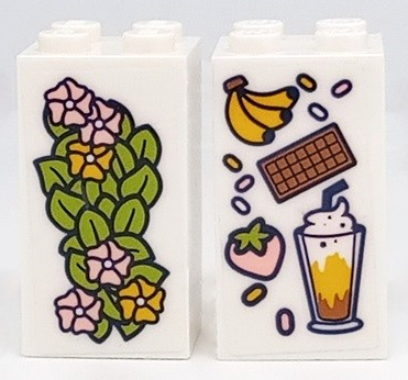 Lego Brick 2 x 2 x 3 with Bright Pink and Yellow Flowers and Lime Leaves / Bananas, Chocolate Bar, Strawberry and Milkshake Pattern on Both Sides (Stickers) - Set 41426 / White