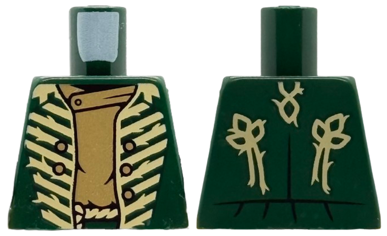 Lego Torso Uniform Jacket with Stripes and Buttons over Dark Tan Shirt, Tan Rope Belt Pattern / Dark Green