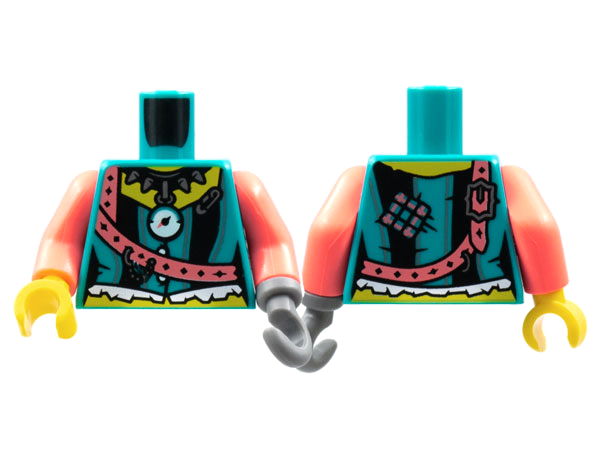 Lego Torso Female Bodice, Silver Spike Necklace, Coral Shoulder Belt, Black Stripes Pattern / Coral Arms / Dark Bluish Gray Hook Left / Yellow Hand Right