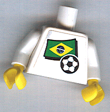 Lego Torso Soccer White/Blue Team, Brazilian Flag Sticker Front, Black Number Sticker Back Pattern (specify number in listing) / White Arms / Yellow Hands