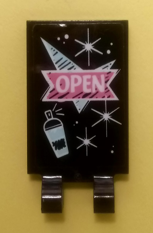 Lego Tile, Modified 2 x 3 with 2 Clips with 'OPEN' Sign, Spray Paint Can and Stars Pattern (Sticker) - Set 41351 / Black