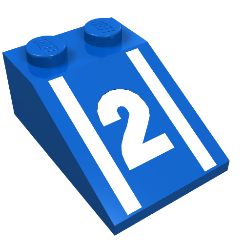 Lego Brick Sloped 33° 3 x 2 with White '2' Print / Blue