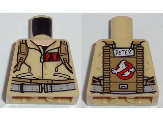 Lego Torso Ghostbusters Jumpsuit with 'P.V.' ID Badge and 'PETER' on Reverse Pattern / Tan