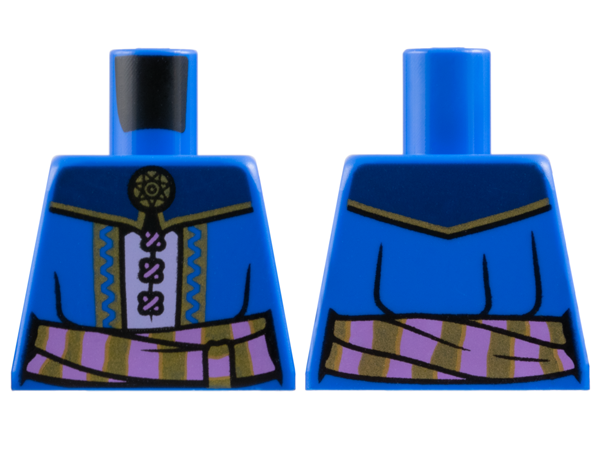 Lego Torso Robe with Gold Trim, Black Folds and Dark Blue Collar over Lavender Dress with Laces, Sash with Medium Lavender Stripes, Brooch Pattern / Blue