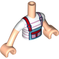 Lego Minidoll Torso Girl with White Shirt, Pink Stripes, Medium Azure Overall, Red/Pink Pocket and Straps, Light Nougat Arms and Hands / Light Nougat